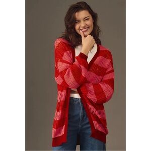 Anthropologie Farm Rio Cardigan Sweater Sz XS Red Stripe Cotton Open Front Comfy
